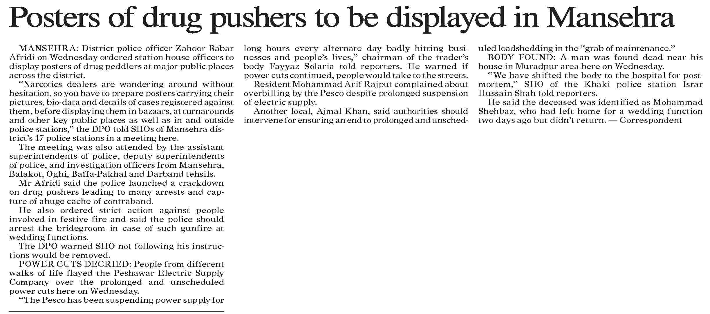 DawnePaper Nov 23, 2023 Posters of drug pushers to be displayed in Mansehra