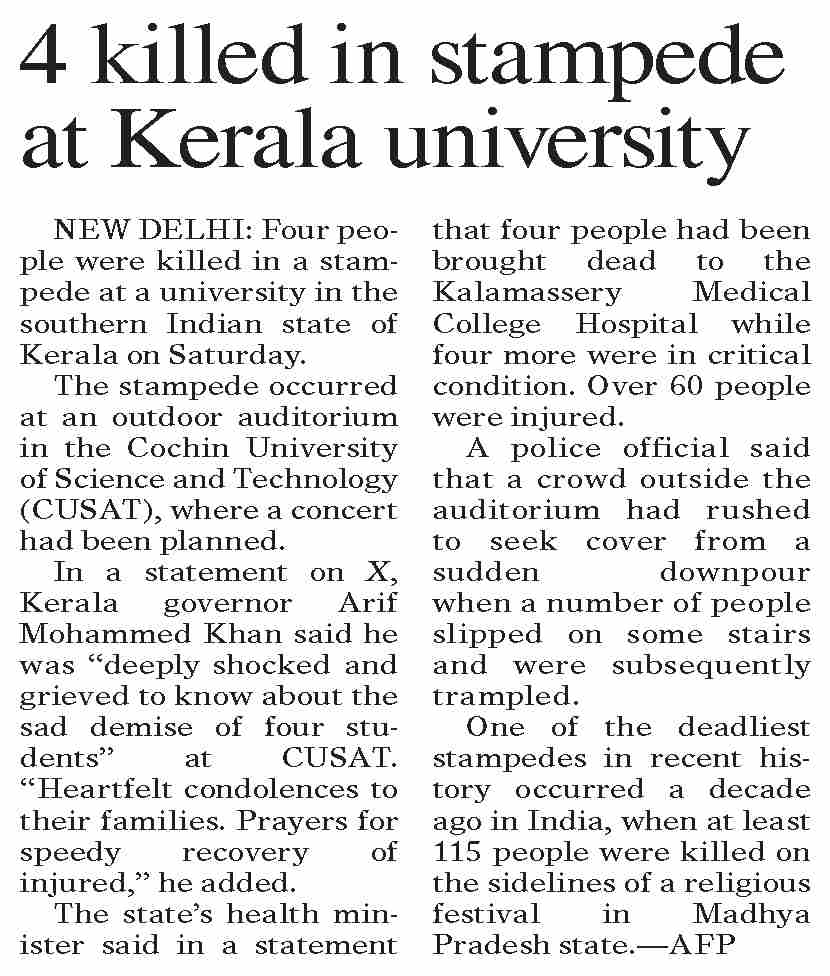 Dawn epaper nov 26 2023 4 killed in stampede at kerala university