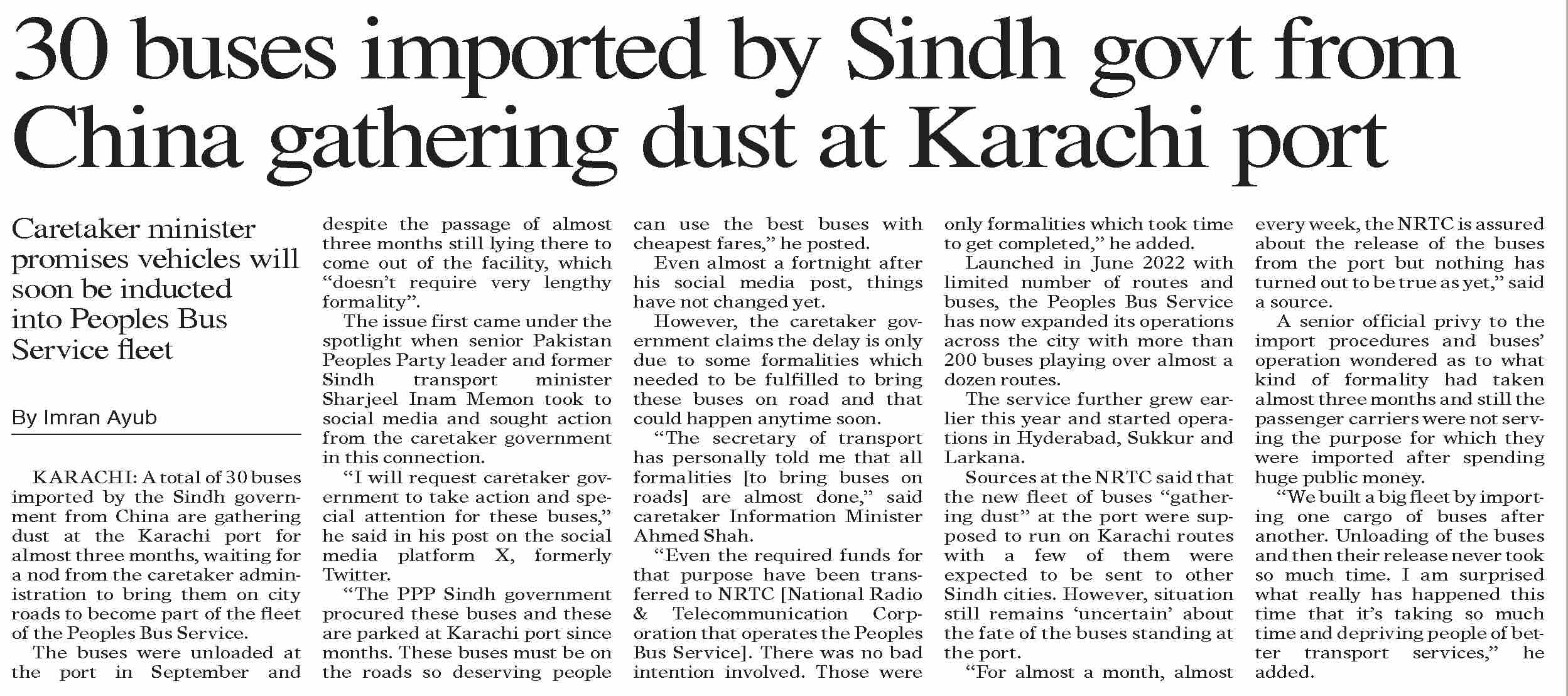 DawnePaper Dec 18, 2023 30 buses imported by Sindh govt from China