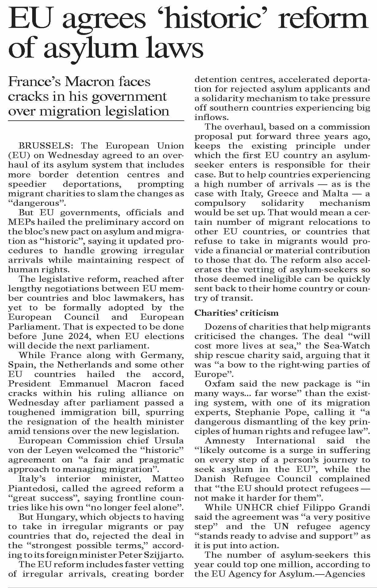 Dawn-ePaper | Dec 21, 2023 | EU agrees `historic` reform of asylum laws