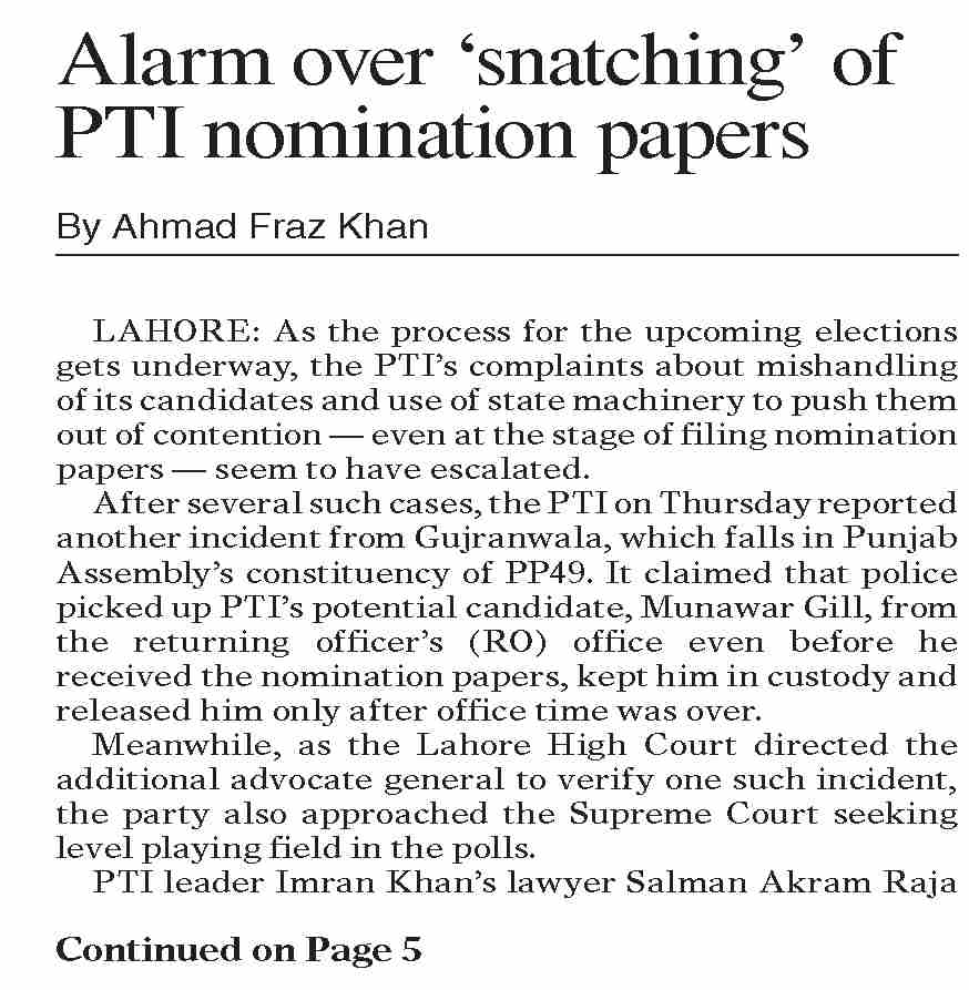 Snatching Papers Reference Dawn-ePaper | Dec 22, 2023 | Alarm over `snatching` of PTI nomination ...