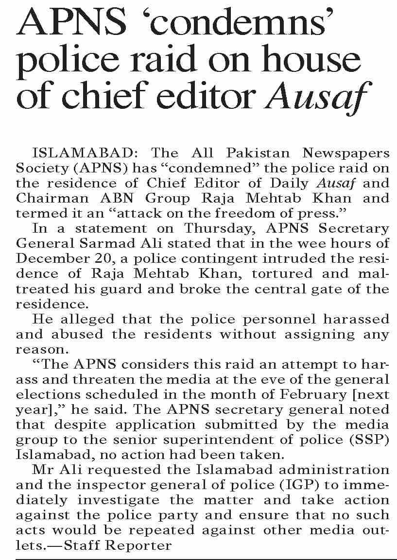 Ausaf Epaper Dawn-ePaper | Dec 22, 2023 | APNS `condemns` police raid on house of ...