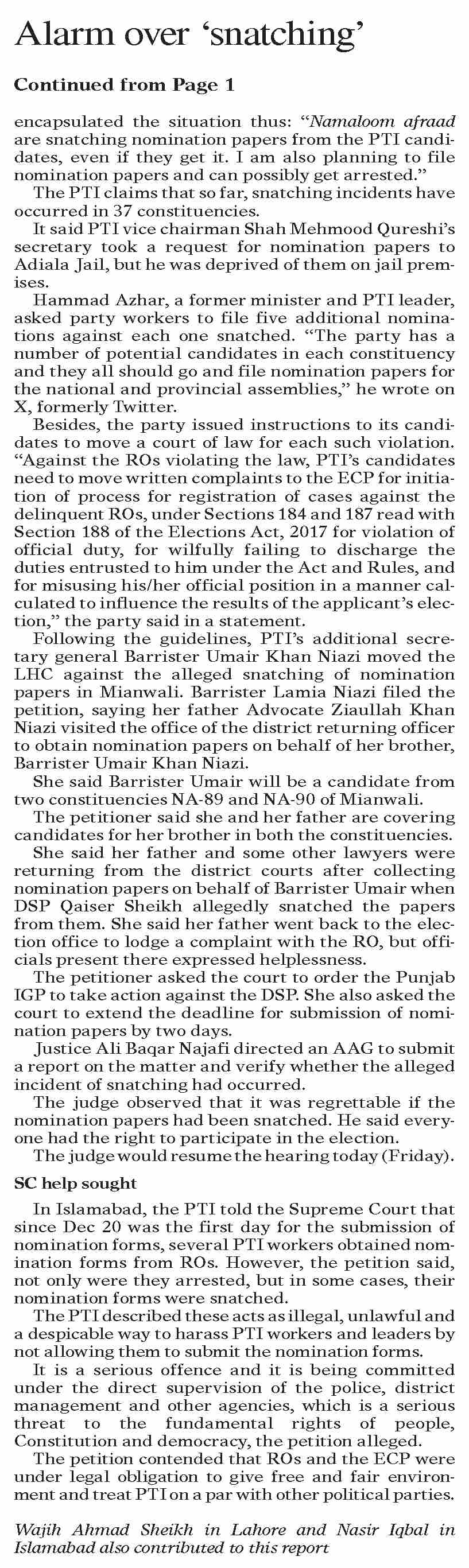 Snatching Papers Reference Dawn-ePaper | Dec 22, 2023 | Alarm over `snatching` of PTI nomination ...