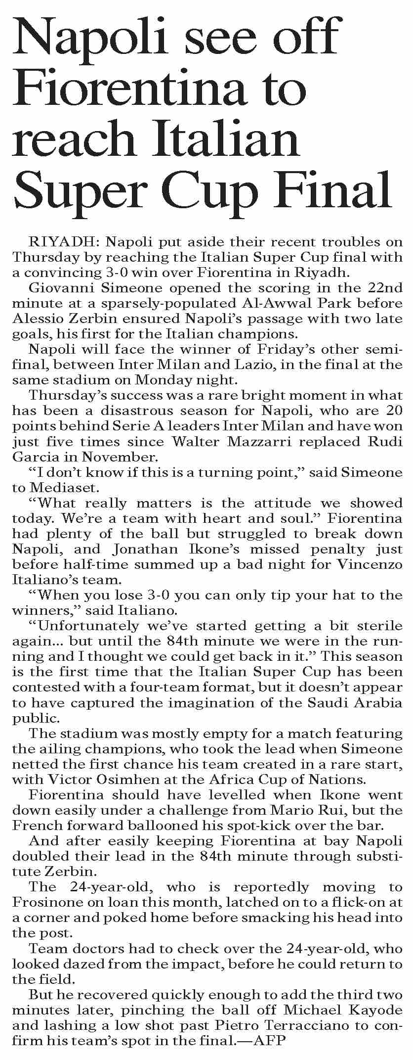 DawnePaper Jan 20, 2024 Napoli see off Fiorentina to reach Italian