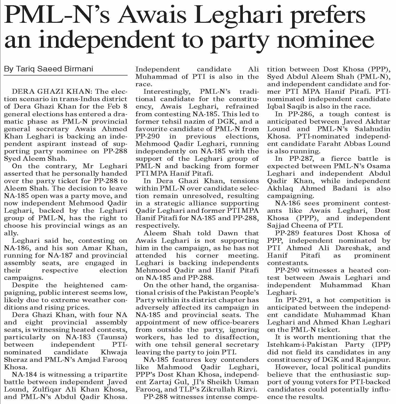 Dawn ePaper Jan 24 2024 PML N s Awais Leghari Prefers An 