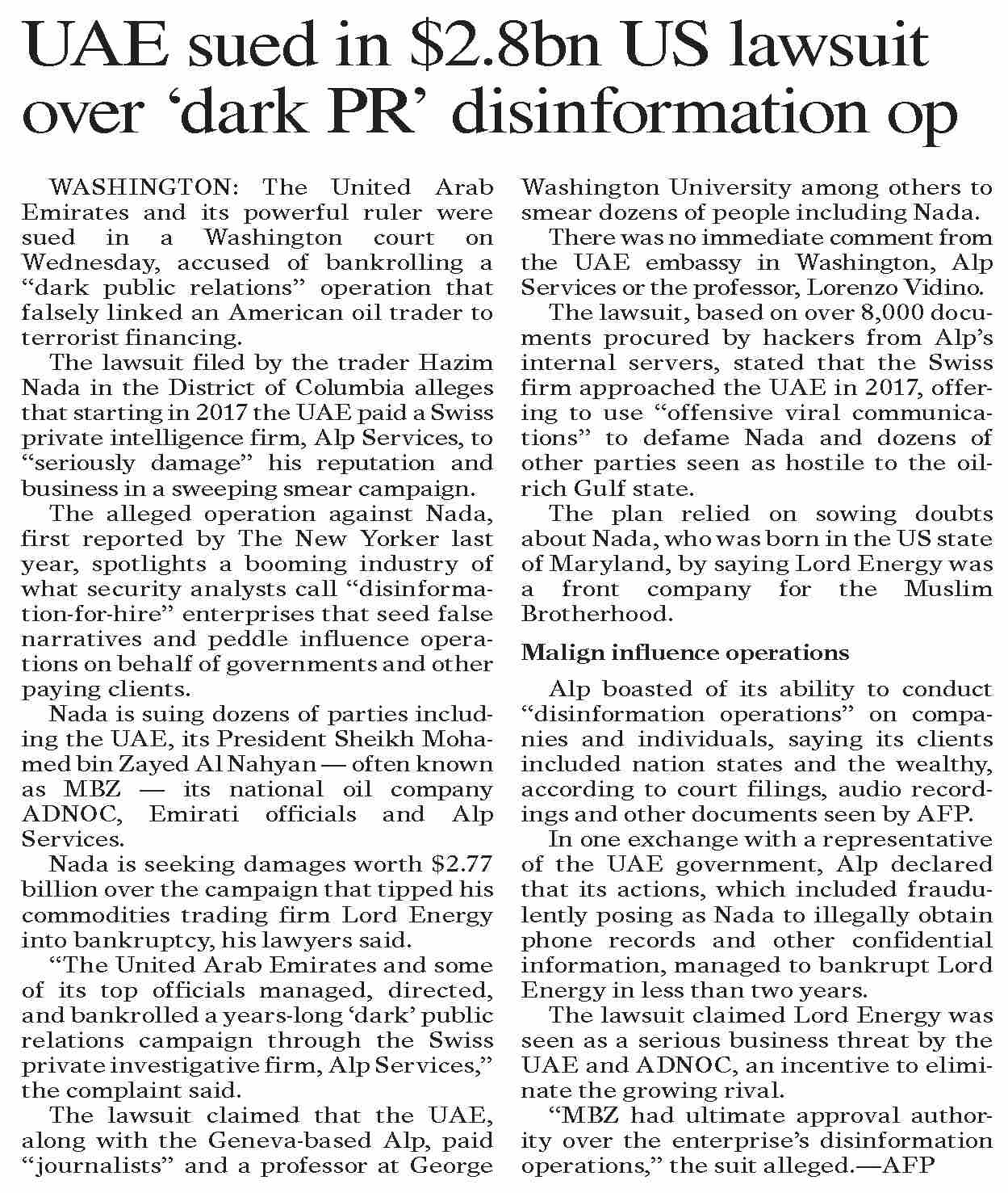 DawnePaper Jan 25, 2024 UAE sued in 2.8bn US lawsuit over `dark
