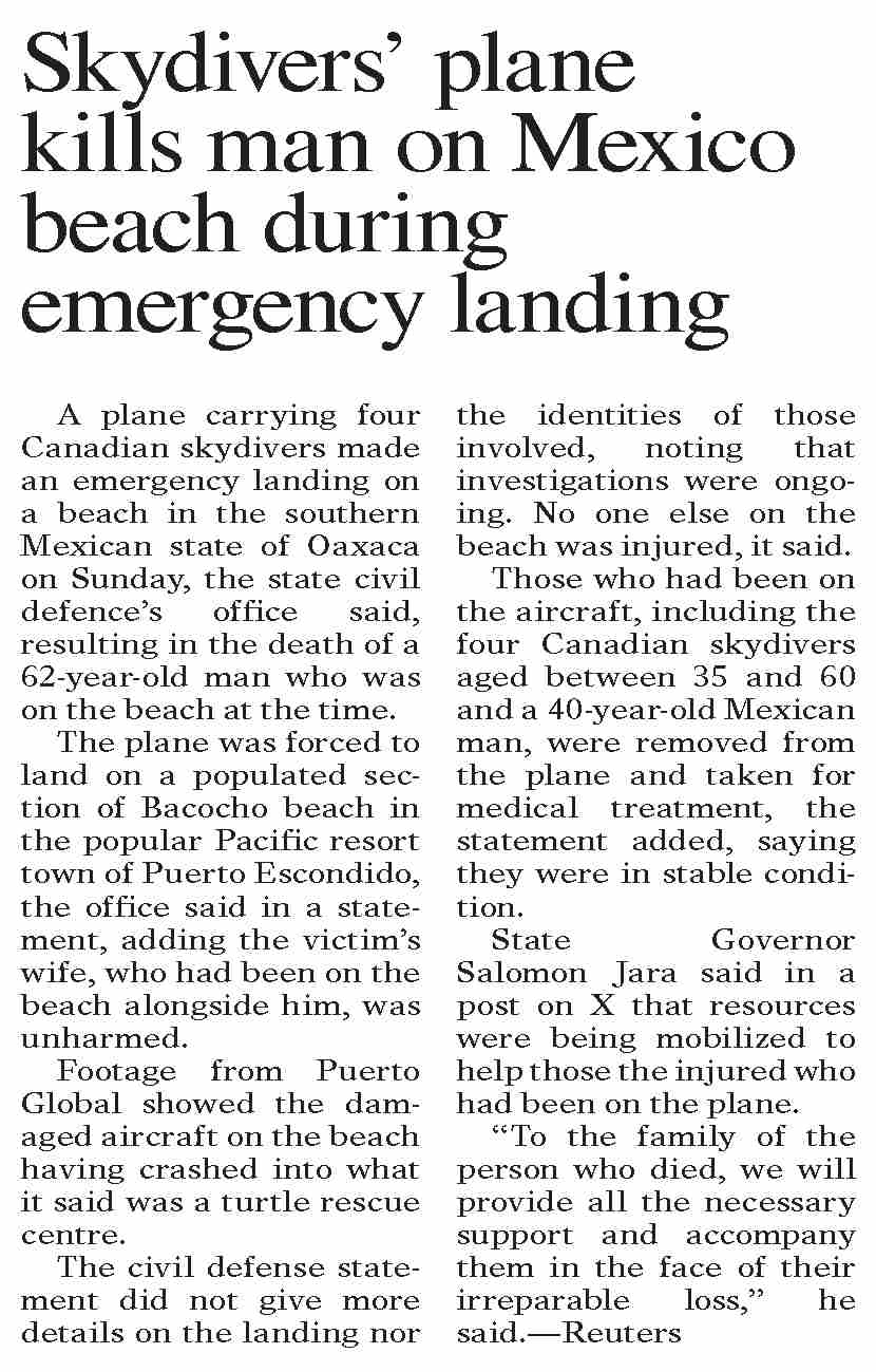 DawnePaper Feb 13, 2024 Skydivers` plane kills man on Mexico beach