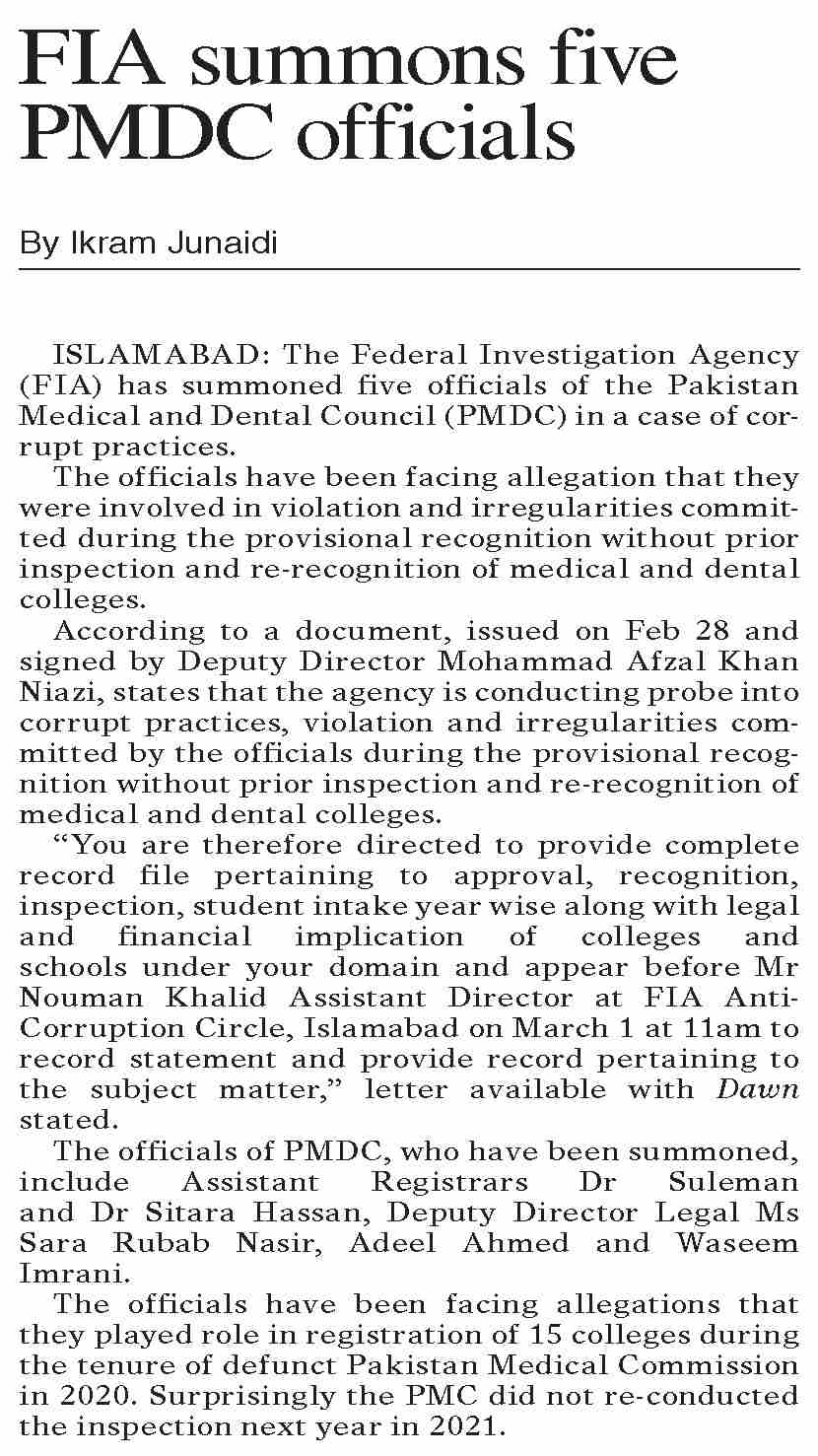 Dawn ePaper Feb 29 2024 FIA Summons Five PMDC Officials dawn-epaper-feb-29-2024-fia-summons-five-pmdc-officials