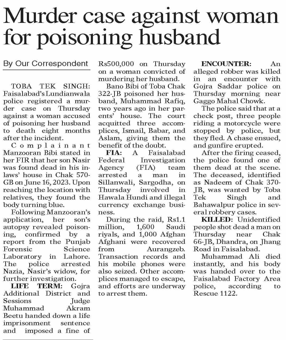 DawnePaper Mar 01, 2024 Murder case against woman for poisoning