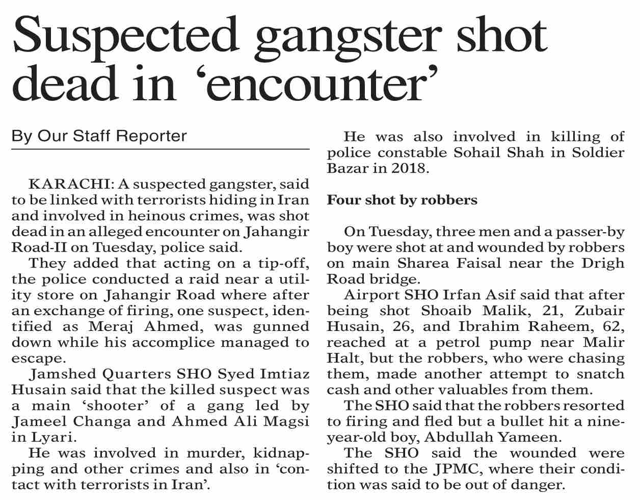 Dawn-ePaper | Mar 06, 2024 | Suspected gangster shot dead in `encounter`
