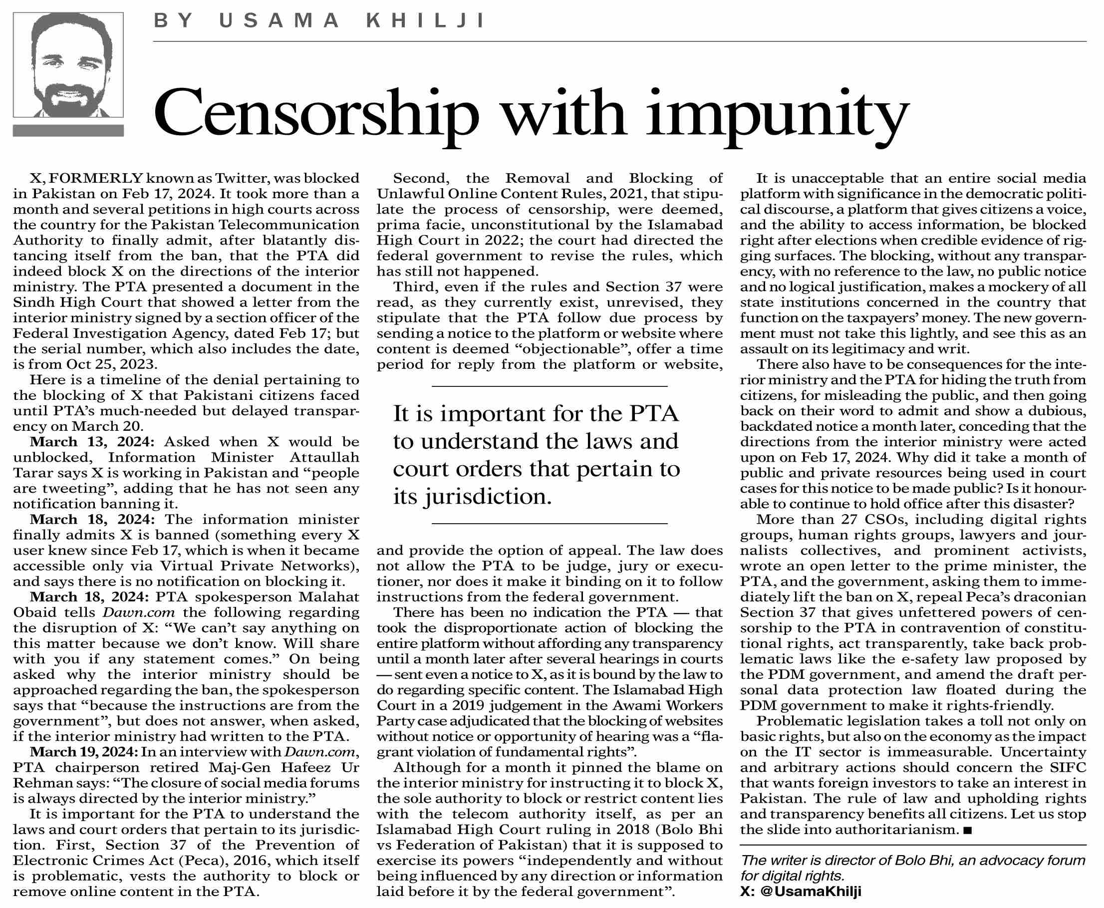 DawnePaper Mar 25, 2024 Censorship with impunity