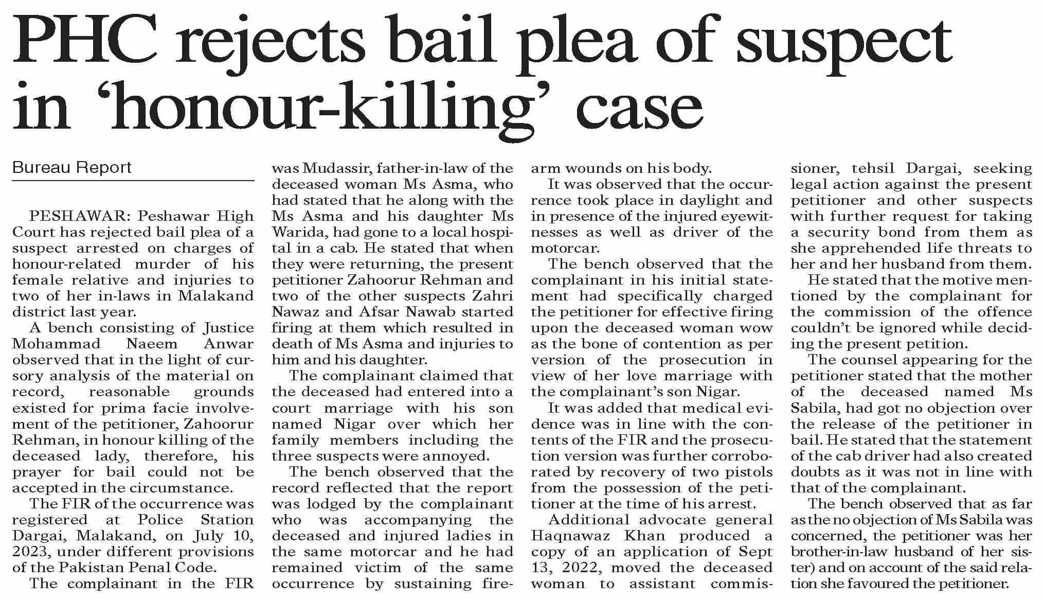 Dawn-ePaper | Apr 01, 2024 | PHC rejects bail plea of suspect in ...