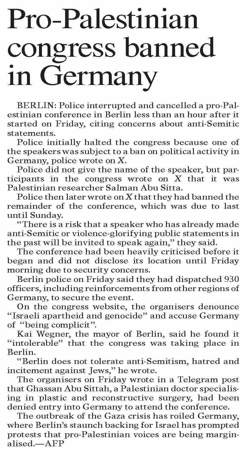 DawnePaper Apr 13, 2024 ProPalestinian congress banned in Germany