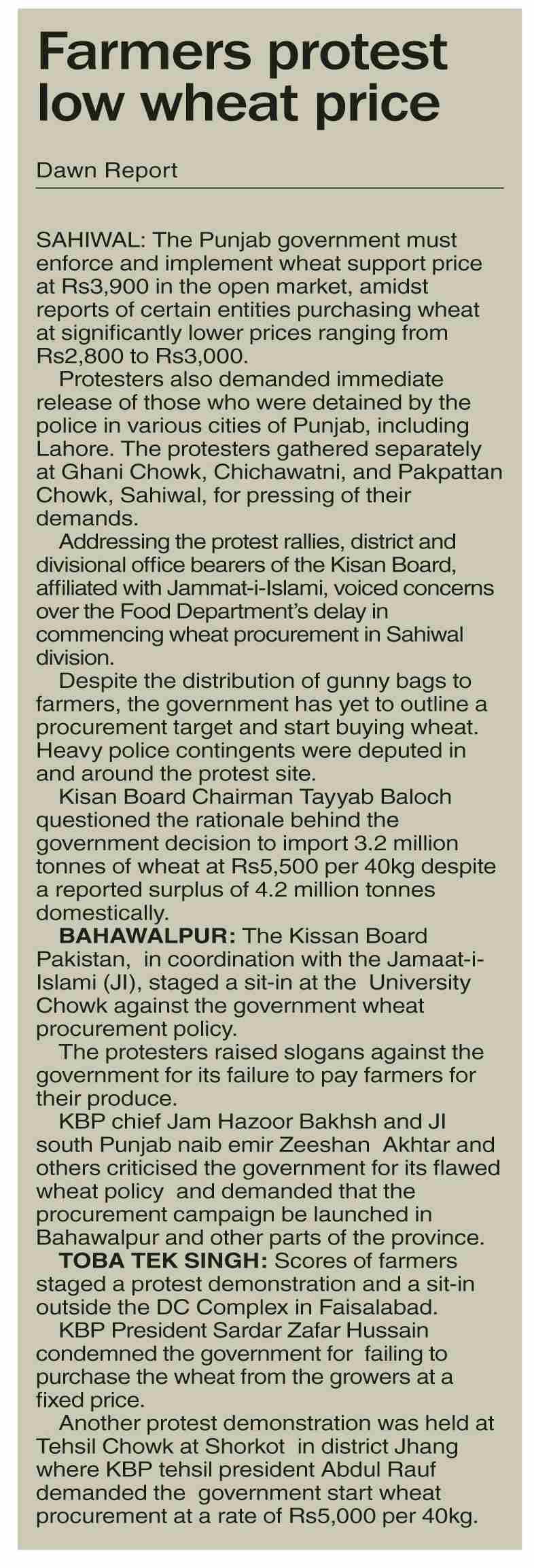 Dawn-ePaper | May 01, 2024 | Farmers protest low wheat price