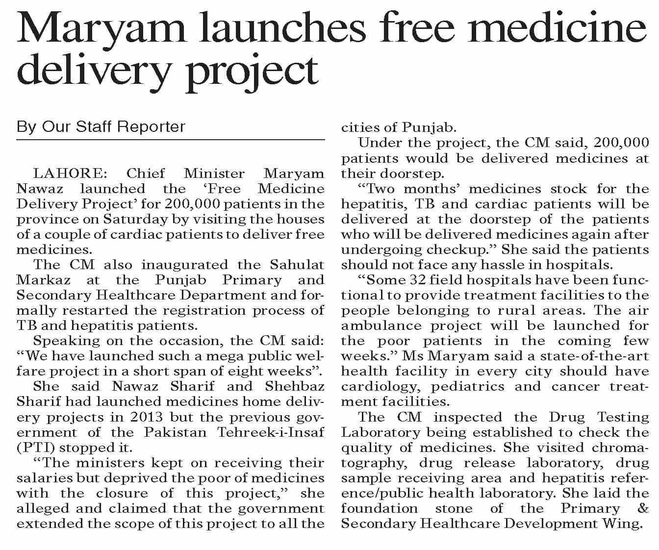 Dawn ePaper May 05 2024 Maryam Launches Free Medicine Delivery Project Dawn epaper may 05 2024 maryam launches free medicine delivery project