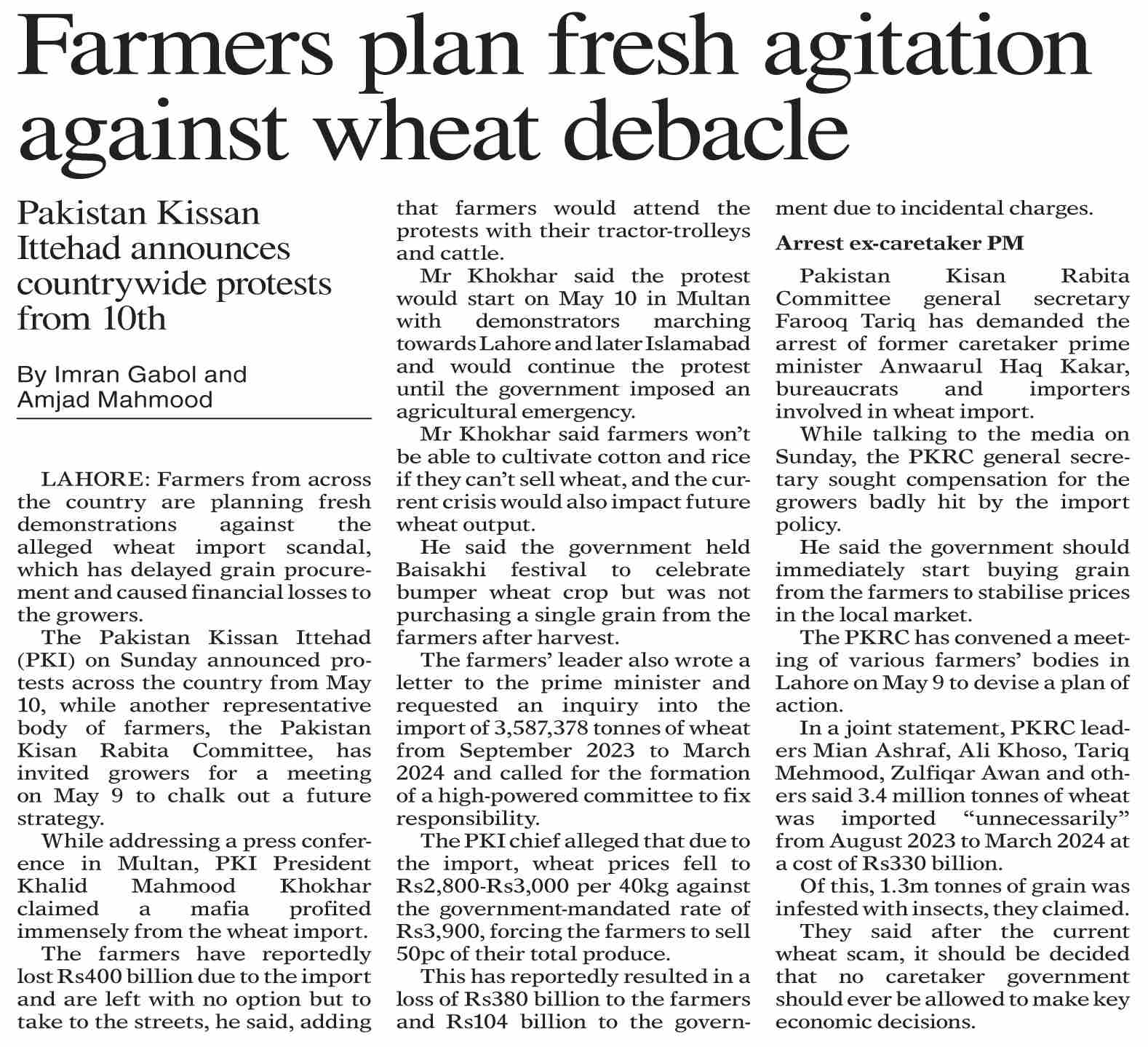 Dawn-ePaper | May 06, 2024 | Farmers plan fresh agitation against wheat ...