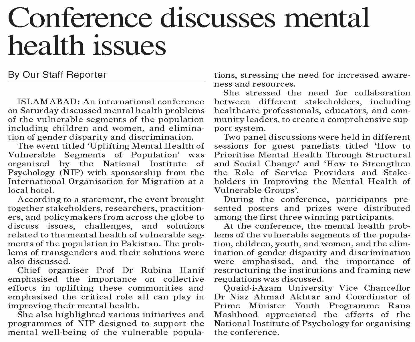 Dawn-ePaper | Jun 30, 2024 | Conference discusses mental health issues