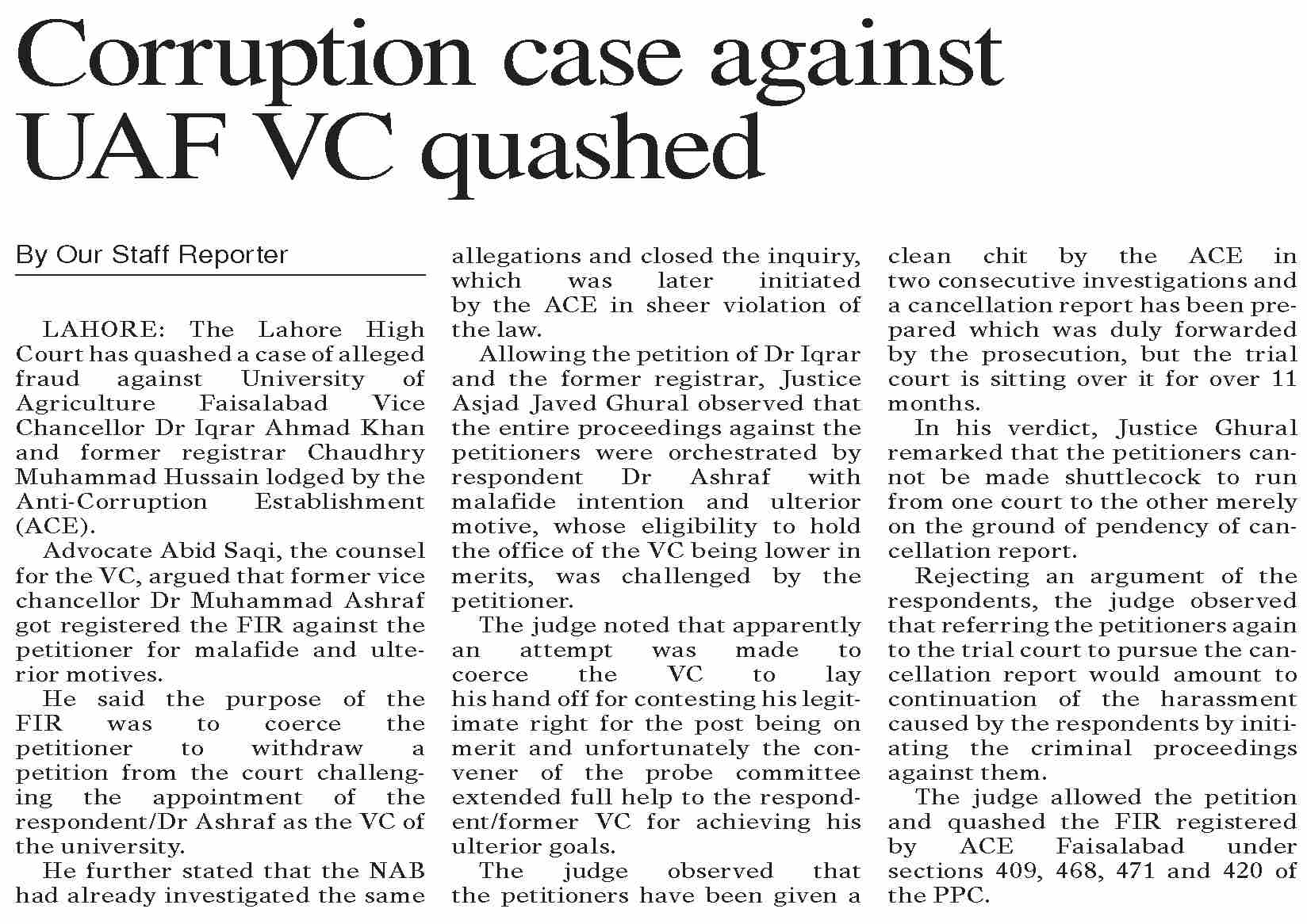 Dawn ePaper Jul 14 2024 Corruption Case Against UAF VC Quashed dawn-epaper-jul-14-2024-corruption-case-against-uaf-vc-quashed