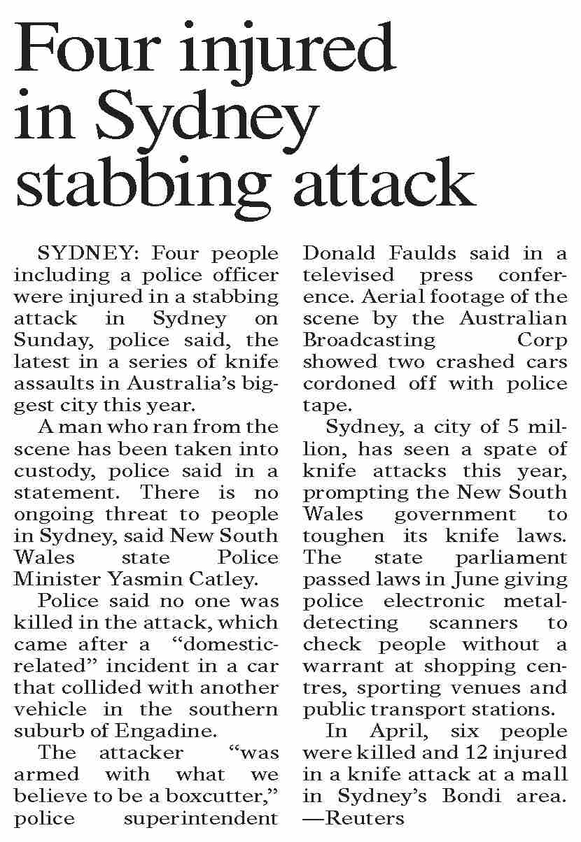Dawn-ePaper | Aug 26, 2024 | Four injured in Sydney stabbing attack