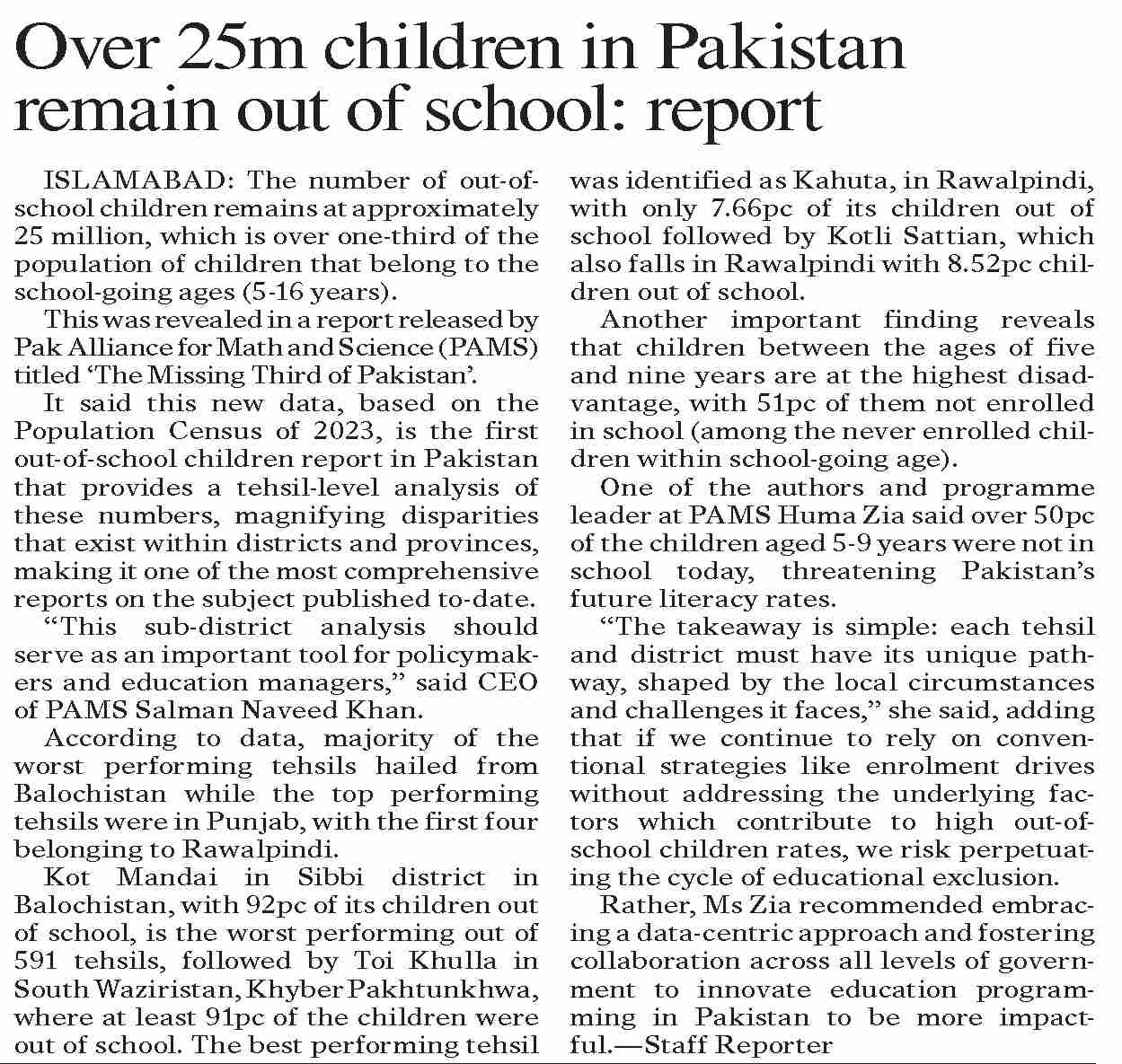 Dawn-ePaper | Aug 30, 2024 | Over 25m children in Pakistan remain out ...