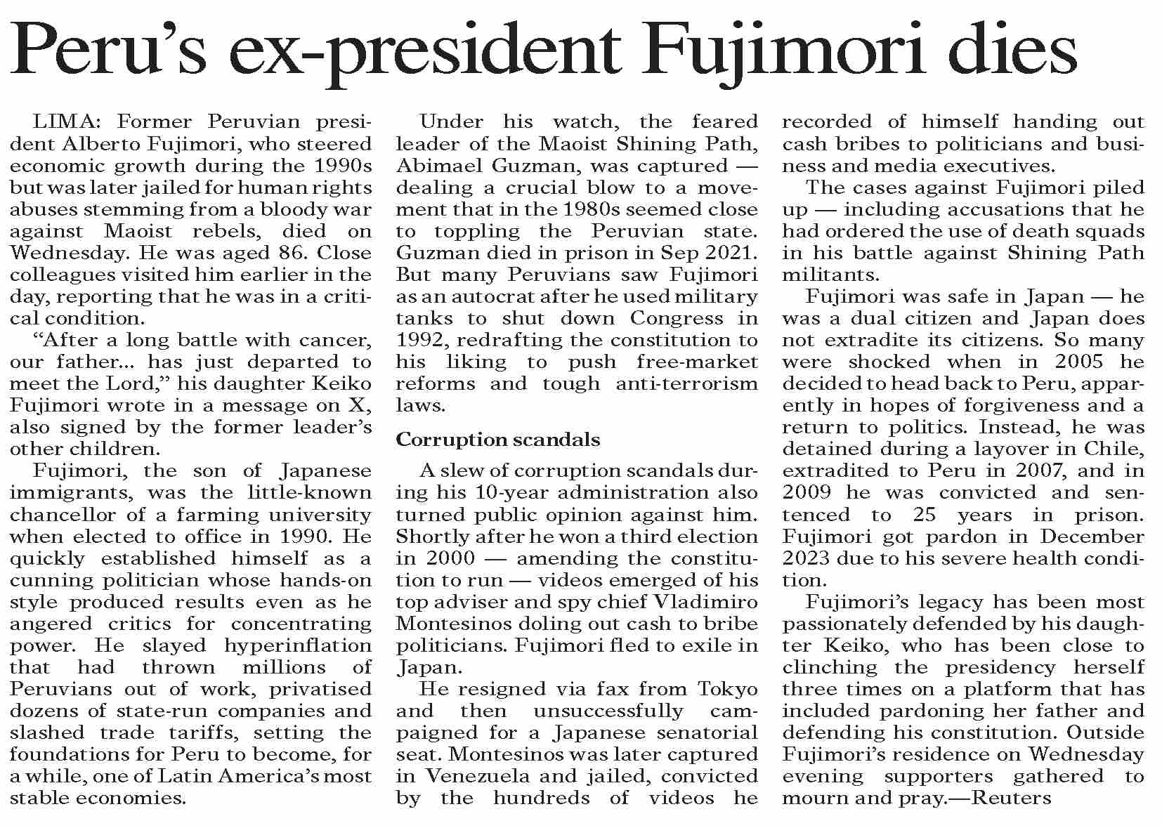 Dawn ePaper Sep 13 2024 Peru s Ex president Fujimori Dies dawn-epaper-sep-13-2024-peru-s-ex-president-fujimori-dies