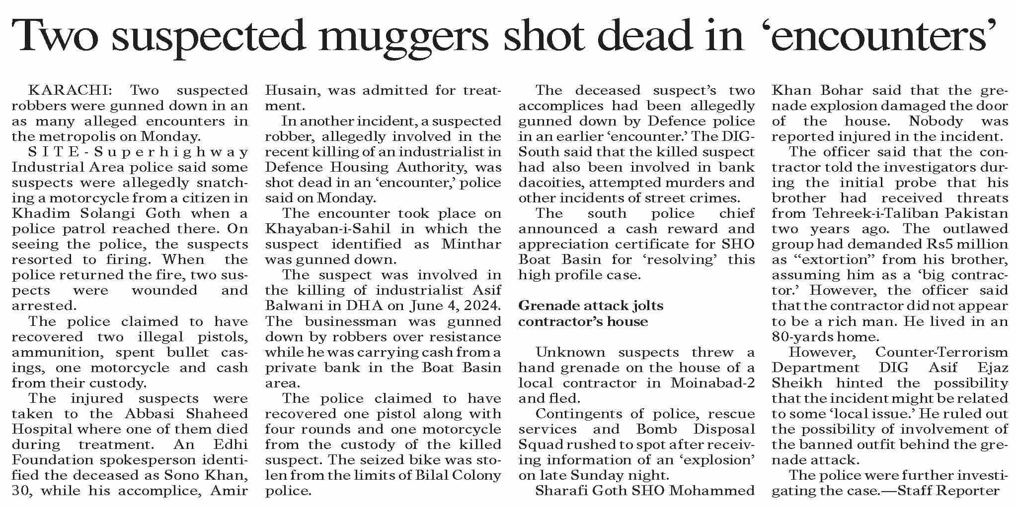 Dawn-ePaper | Sep 17, 2024 | Two suspected muggers shot dead in ...