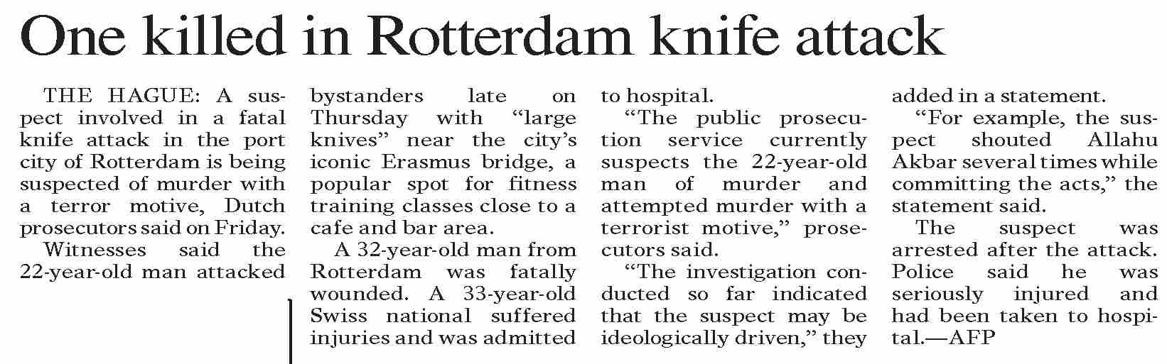 Dawn-ePaper | Sep 21, 2024 | One killed in Rotterdam knife attack