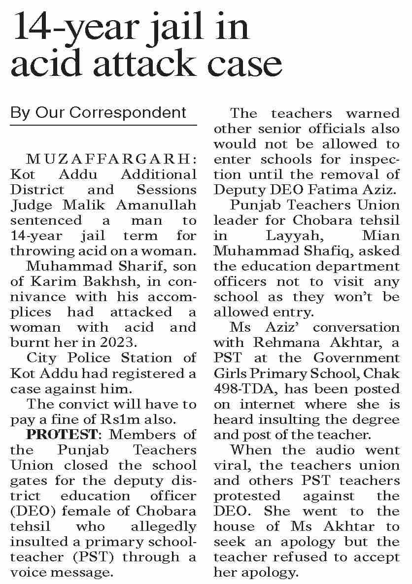 Dawn-ePaper | Oct 25, 2024 | 14-year jail in acid attack case