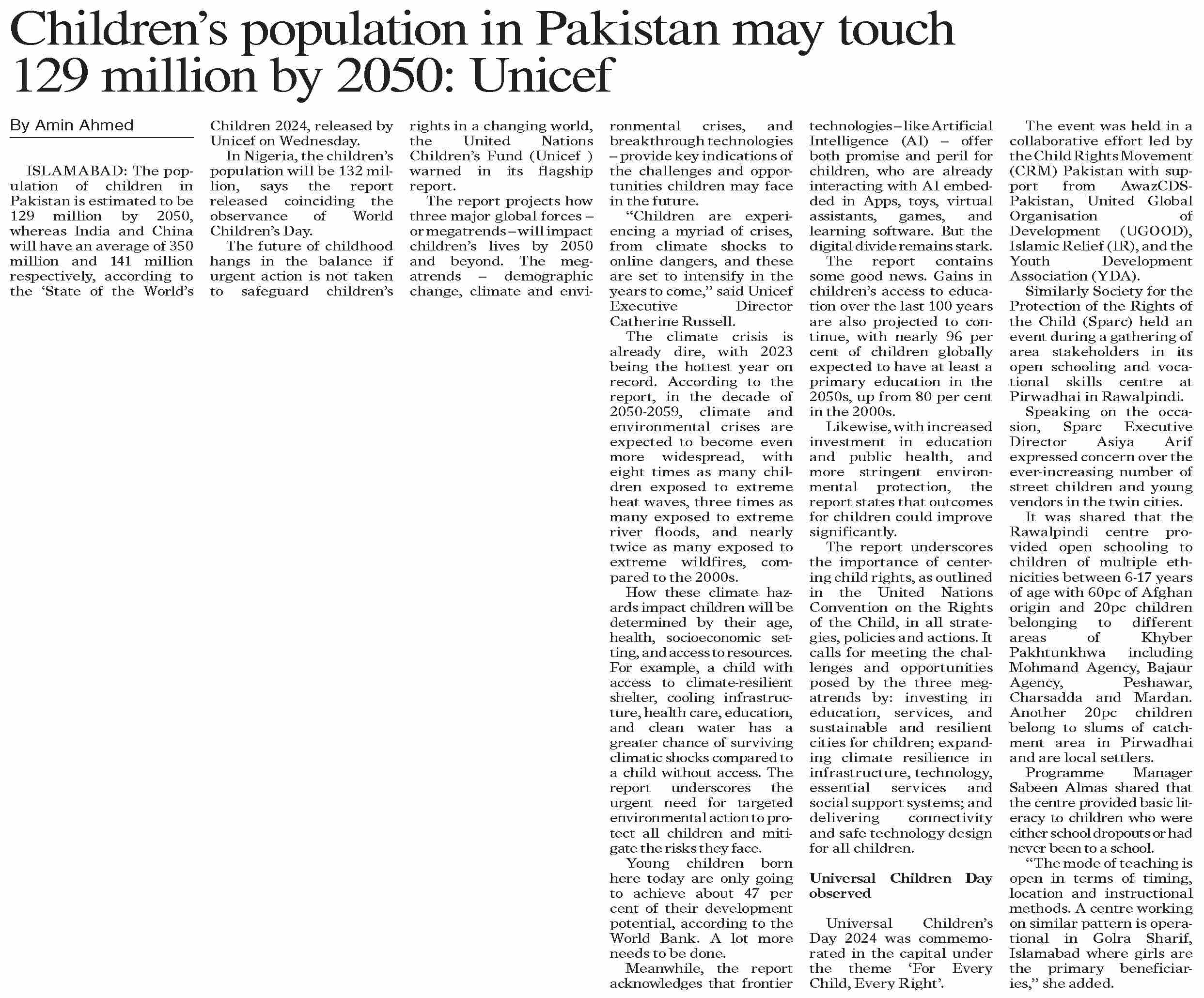 Dawn-ePaper | Nov 21, 2024 | Children`s population in Pakistan may
