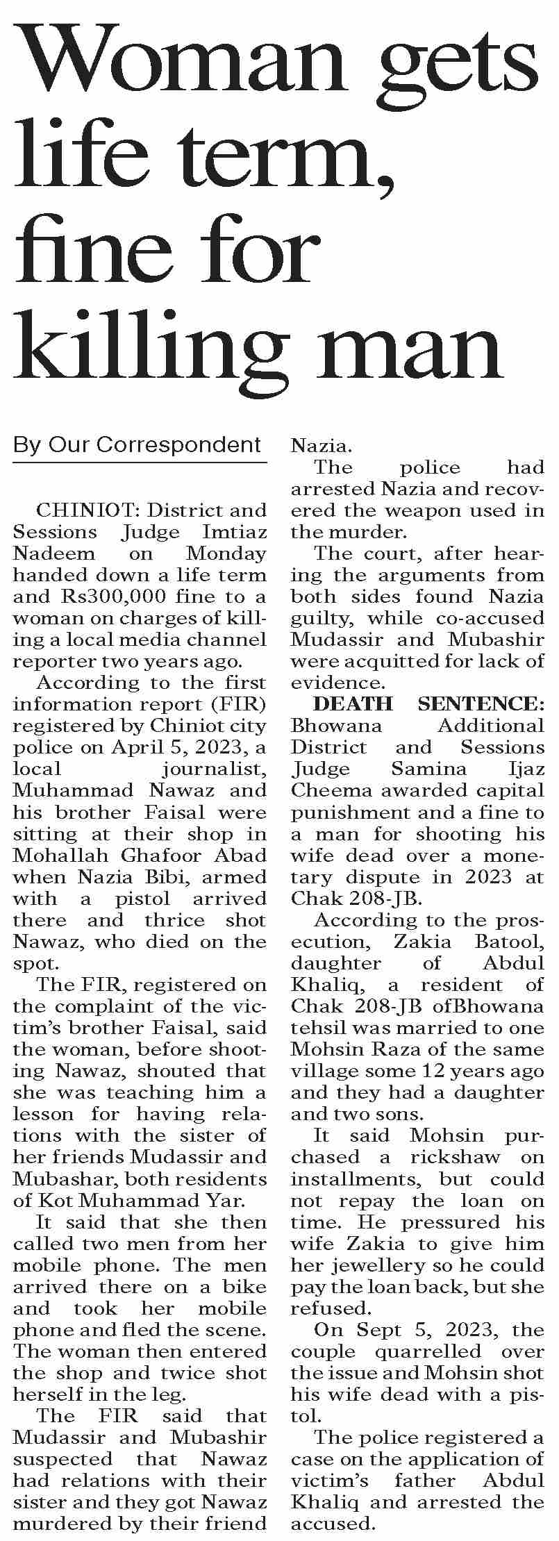 Dawn-ePaper | May 06, 2025 | Woman gets life term, fine for killing man