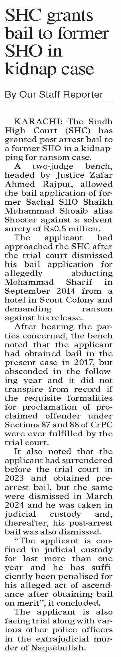 Dawn-ePaper | May 08, 2025 | SHC grants bail to former SHO in kidnap case