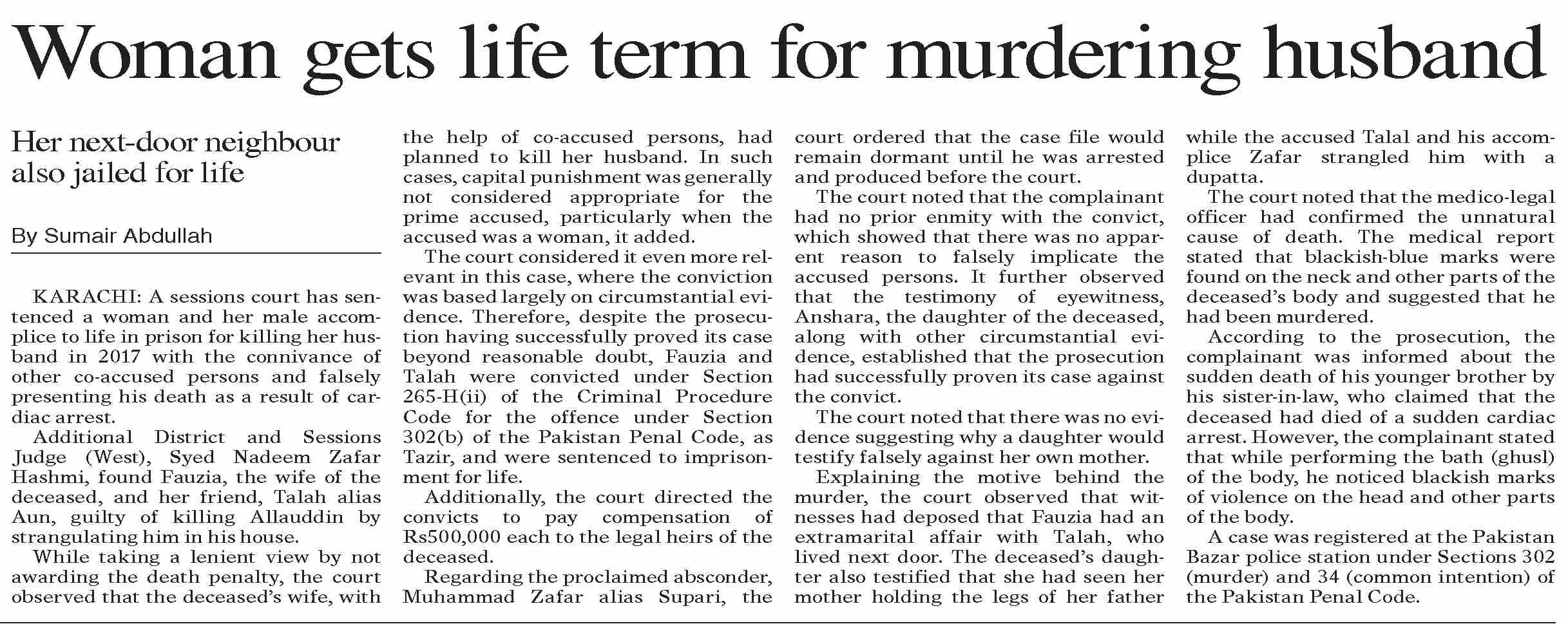 Dawn-ePaper | May 08, 2025 | Woman gets life term for murdering husband