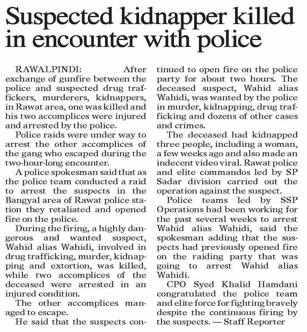 Dawn-ePaper | May 29, 2025 | Suspected kidnapper killed in encounter ...