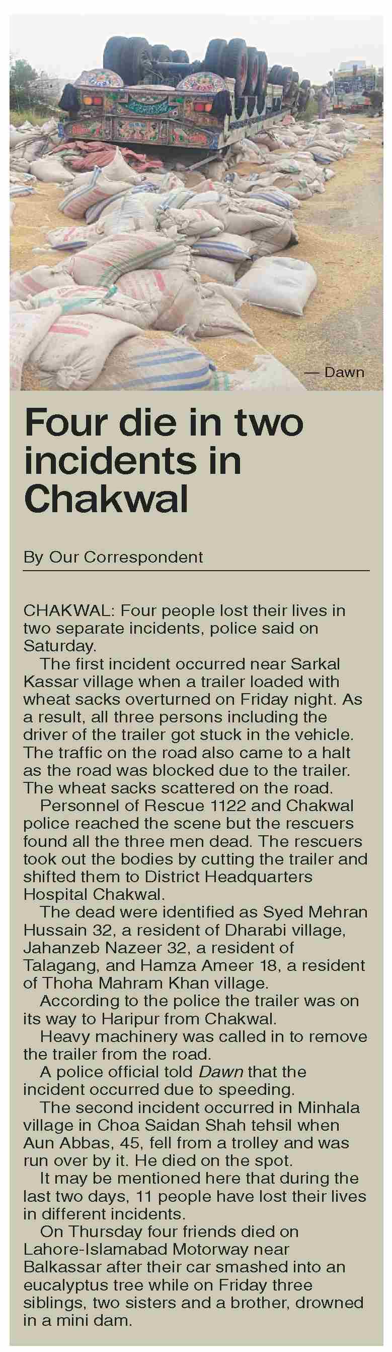 Dawn-ePaper | Jun 15, 2025 | Four die in two incidents in Chakwal