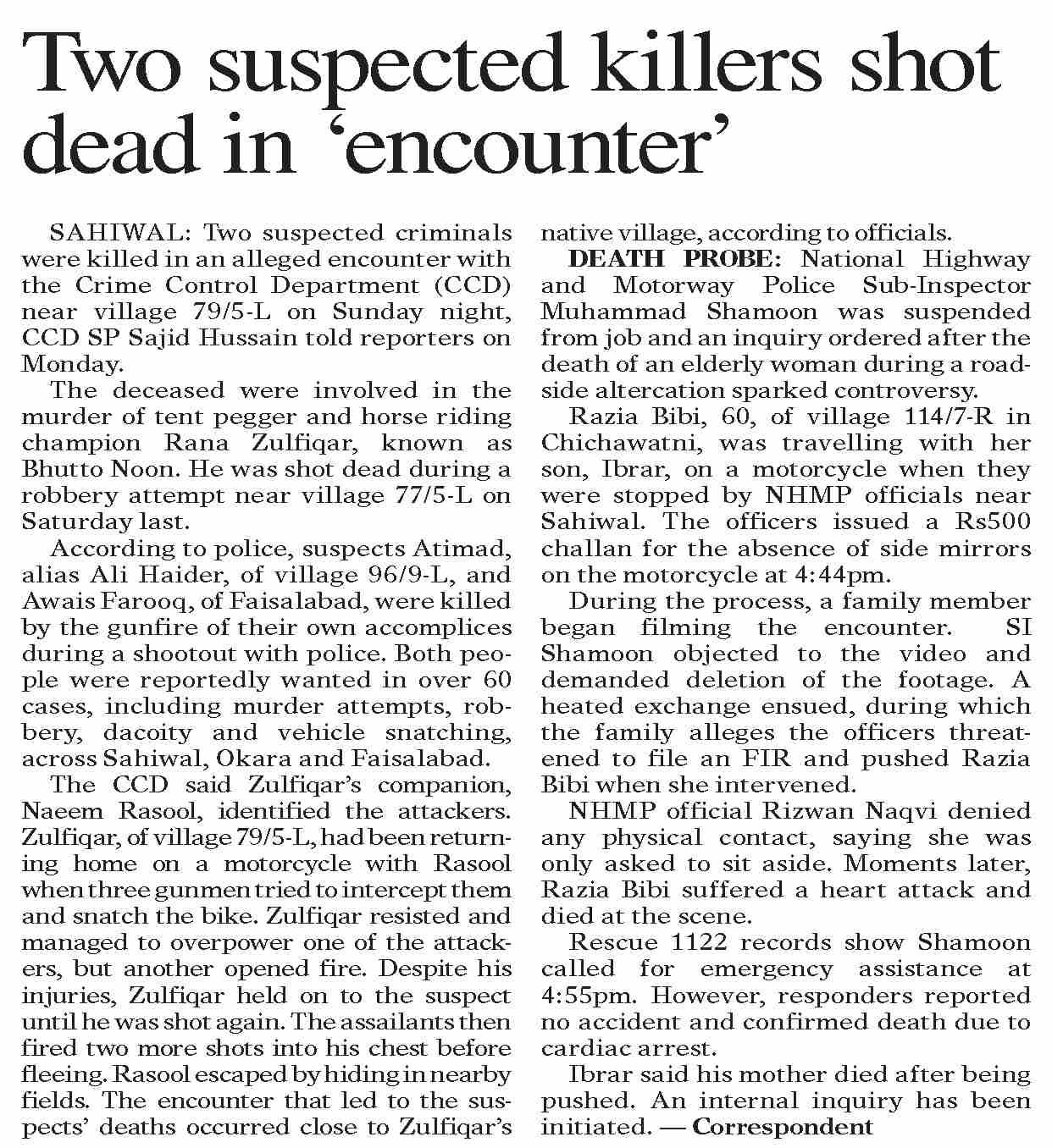 Dawn-ePaper | Jun 17, 2025 | Two suspected killers shot dead in `encounter`