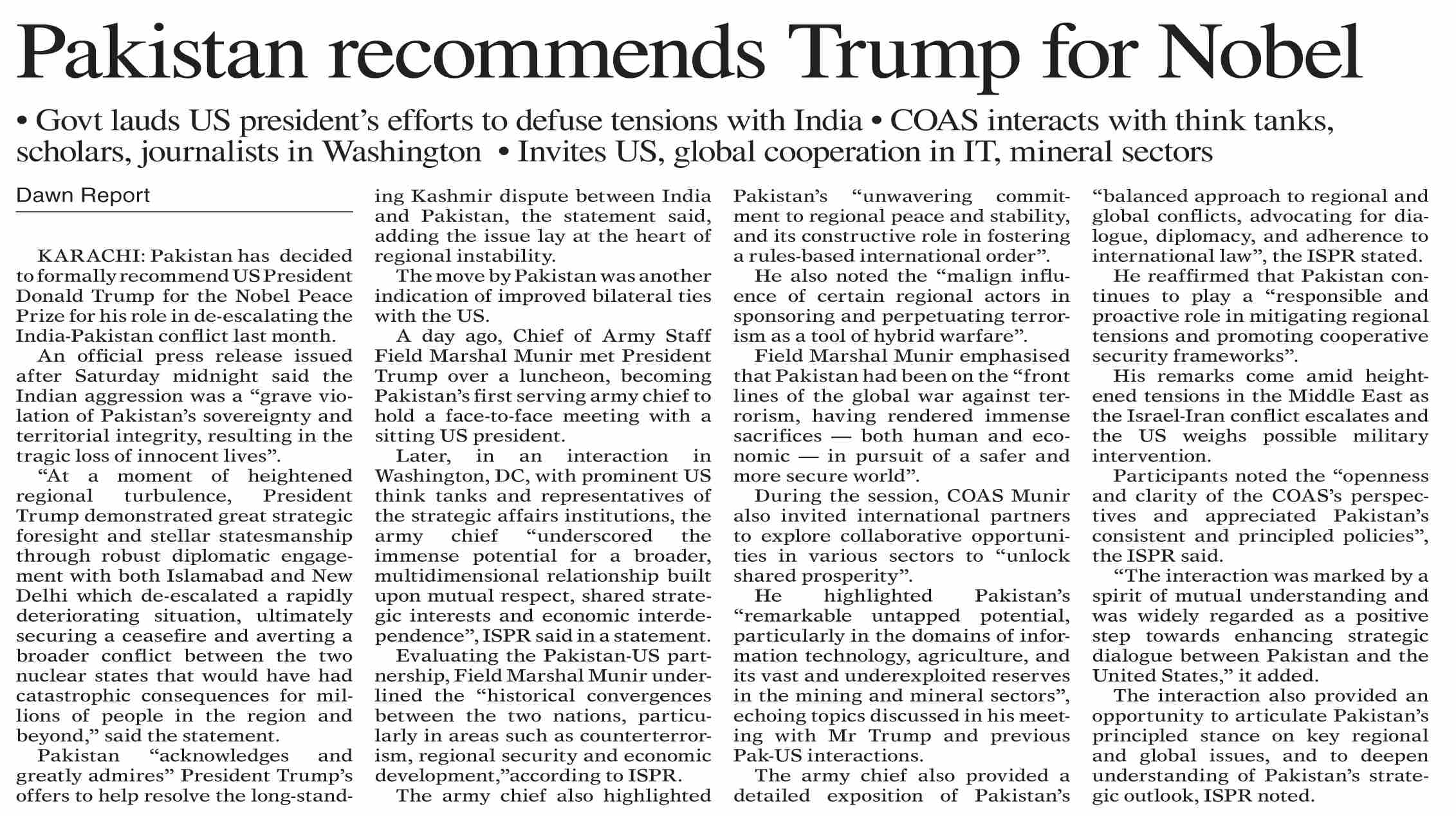 Dawn ePaper Jun 21 2025 Pakistan Recommends Trump For Nobel