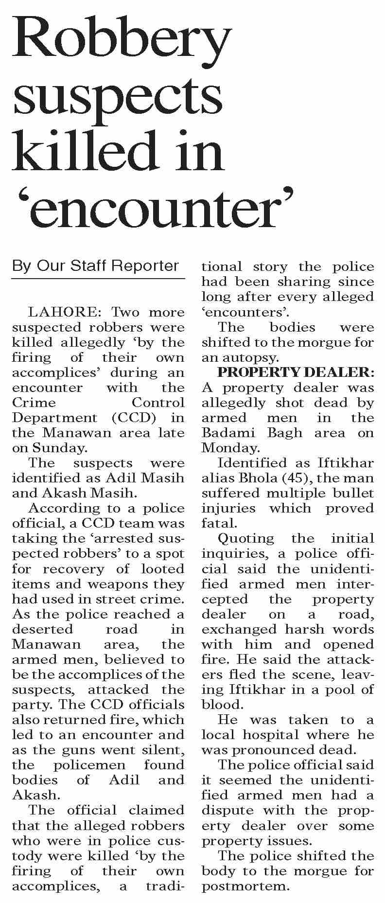 Dawn-ePaper | Jun 24, 2025 | Robbery suspects killed in `encounter`