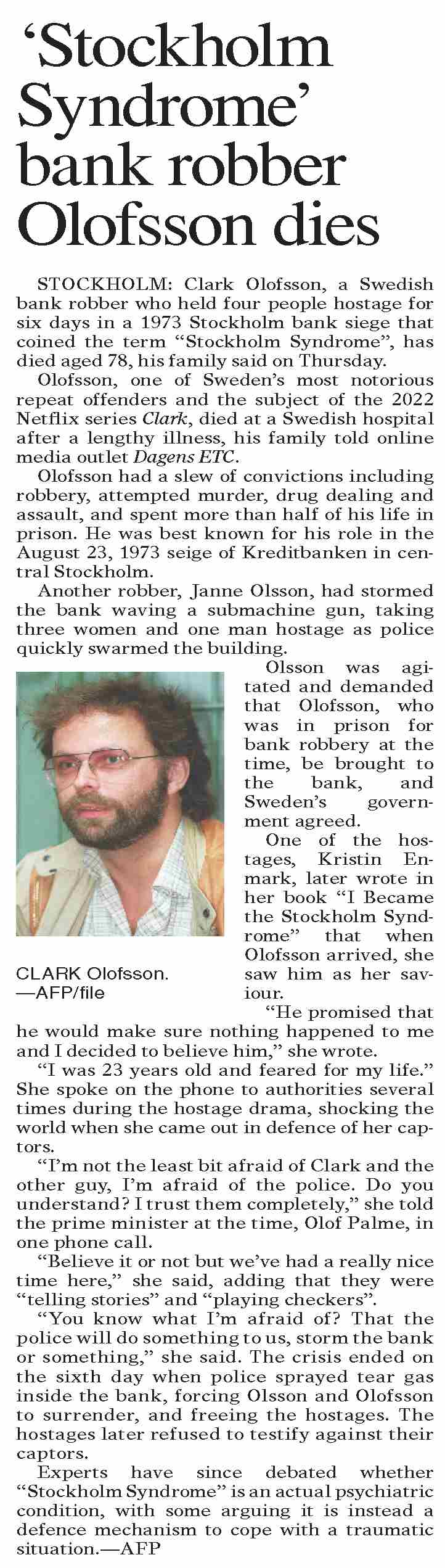 Dawn-ePaper | Jun 27, 2025 | `Stockholm Syndrome` bank robber Olofsson dies