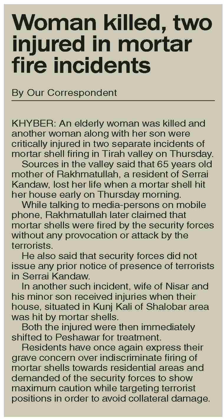 Dawn-ePaper | Jun 27, 2025 | Woman killed, two injured in mortar fire ...