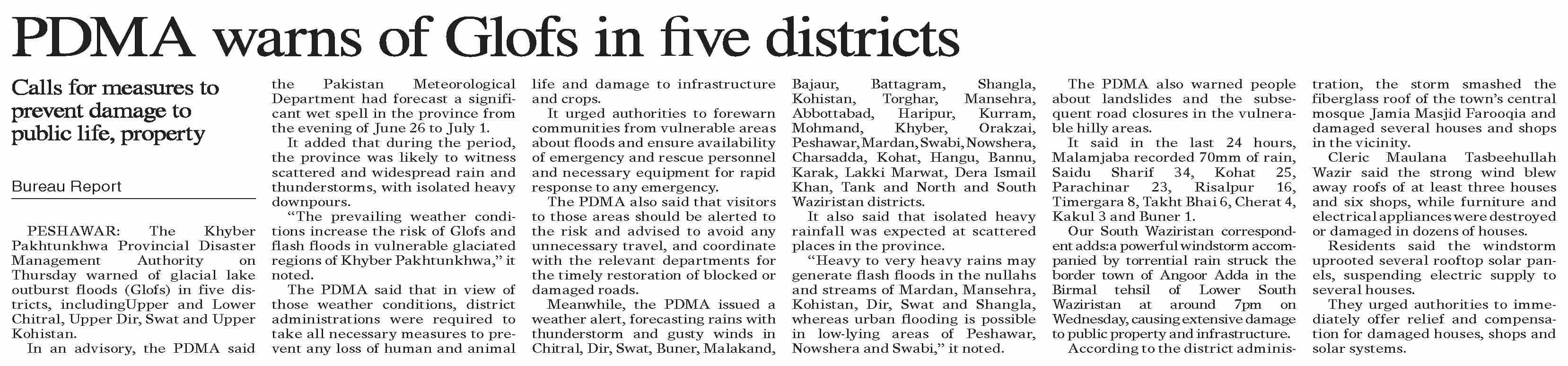 Dawn-ePaper | Jun 27, 2025 | PDMA warns of Glofs in five districts