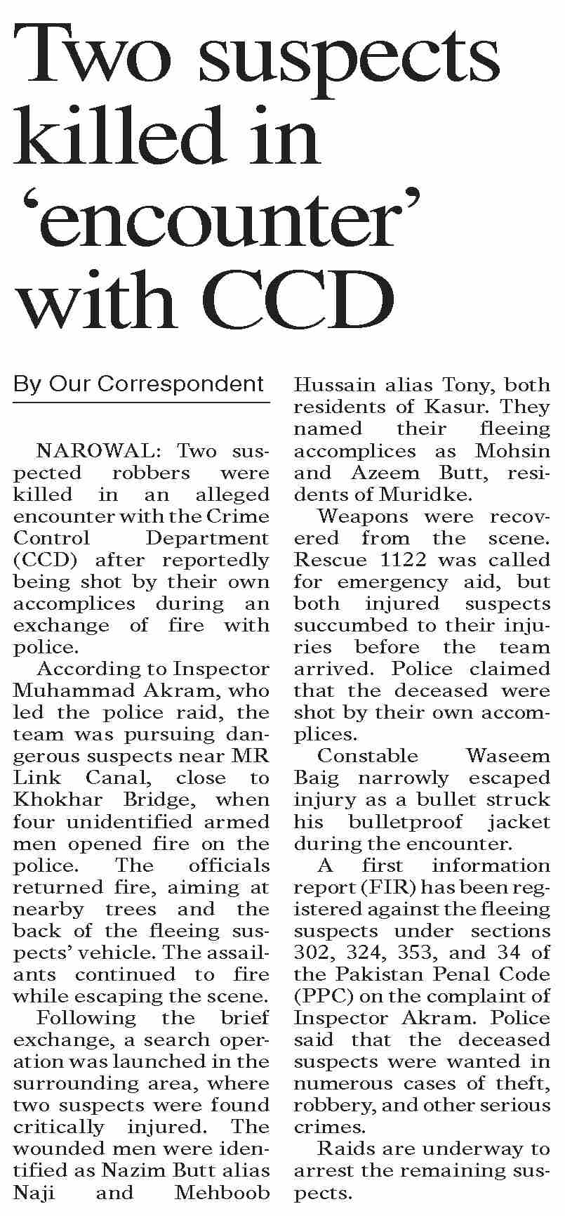 Dawn-ePaper | Jul 31, 2025 | Two suspects killed in `encounter` with CCD