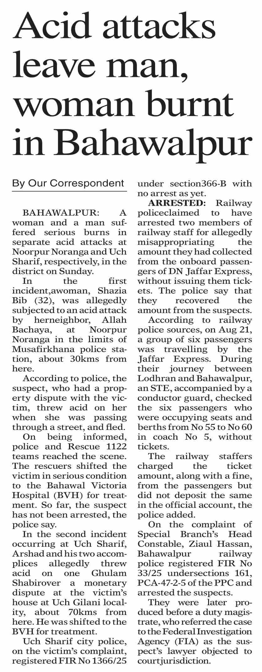 Dawn-ePaper | Aug 25, 2025 | Acid attacks leave man, woman burnt in ...