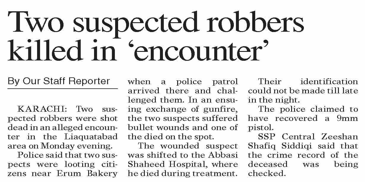 Dawn-ePaper | Sep 23, 2025 | Two suspected robbers killed in `encounter`