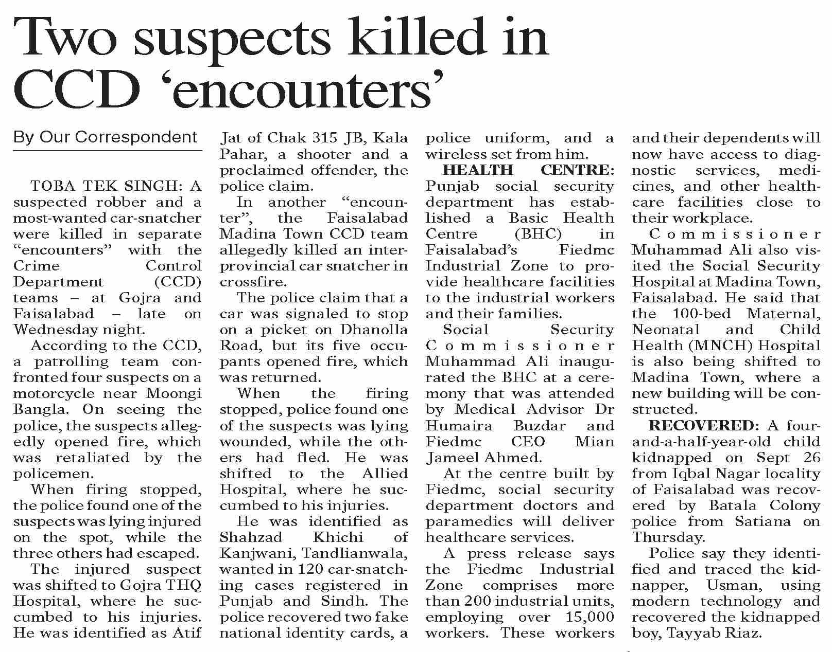 Dawn-ePaper | Oct 03, 2025 | Two suspects killed in CCD `encounters`