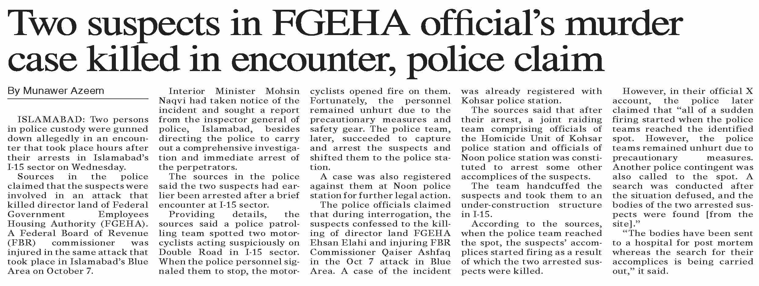 Dawn-ePaper | Oct 16, 2025 | Two suspects in FGEHA official`s murder ...