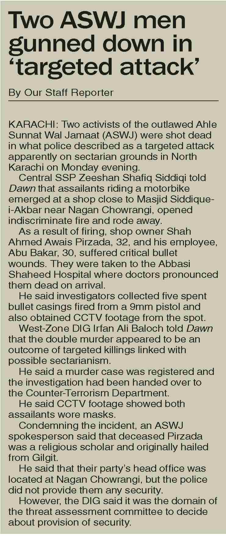 Dawn-ePaper | Oct 21, 2025 | Two ASWJ men gunned down in `targeted attack`