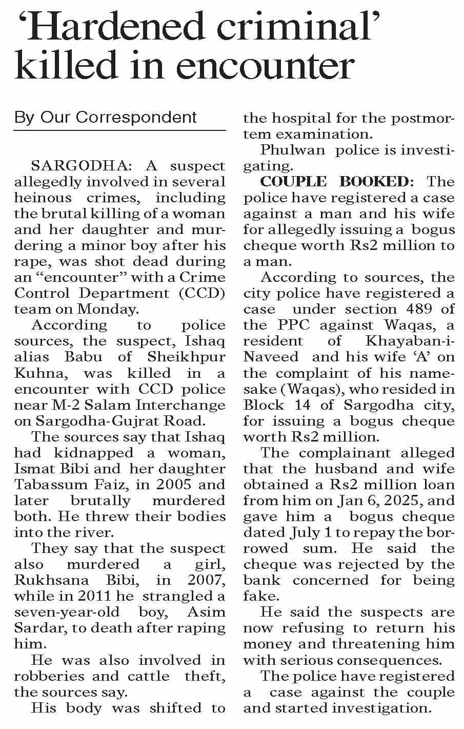 Dawn-ePaper | Oct 21, 2025 | `Hardened criminal` killed in encounter