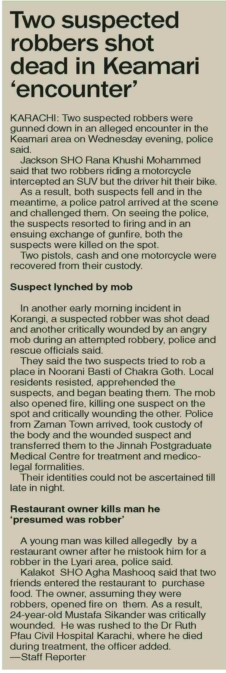Dawn-ePaper | Oct 23, 2025 | Two suspected robbers shot dead in Keamari ...