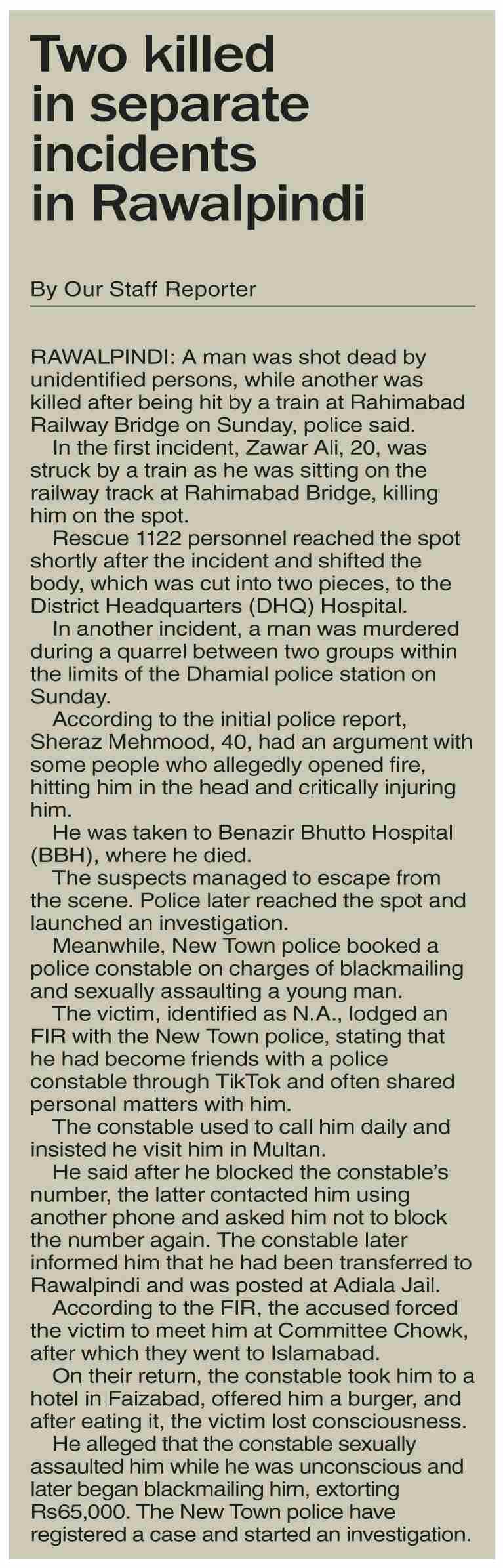 Dawn-ePaper | Oct 27, 2025 | Two killed in separate incidents in Rawalpindi