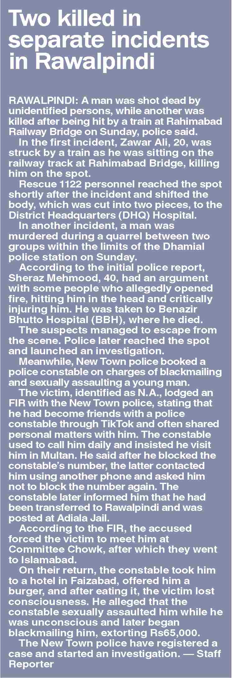 Dawn-ePaper | Oct 27, 2025 | Two killed in separate incidents in Rawalpindi